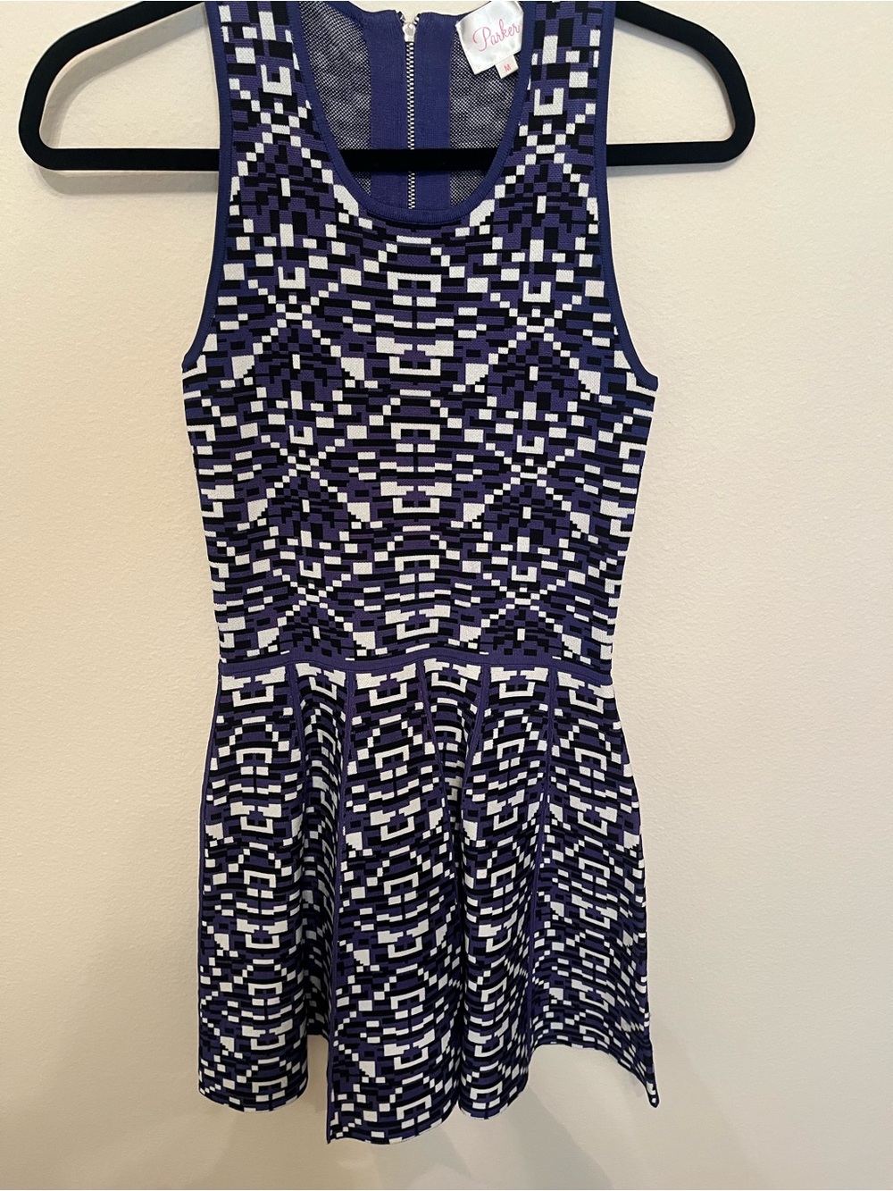 Parker Navy, White, Black Sleeveless Geometric Fit-and-Flare Mini Dress